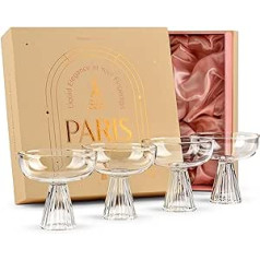 GLASSIQUE CADEAU Modernās Paris Coupe kokteiļu glāzes | Komplektā 4 | 230 ml kokteiļu glāzes šampanietim, espresso Martini, Cosmopolitan, Daiquiri | Borosilikāta stikla šampanieša bļodas