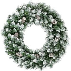60 cm apaļi Ziemassvētku vainagi, zaļas mākslīgās vītnes ar sniegpārsliņu rotājumu, 120 uzgaļi no priežu lapām, 8 gari priežu čiekuri, Ziemassvētku rotājumi pakarināšanai