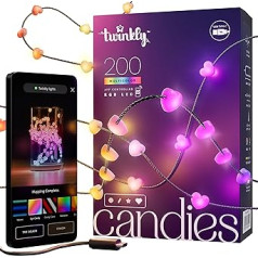 Twinkly Candies sirds formas pasaku gaismas ar 200 RGB gaismas diodēm. 12 metri. Zaļais vads. Lietotne tiek kontrolēta. Ar USB-C barošanu. Inteliģenta interjera apgaismojuma dekorēšana