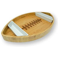 40YARDS American Football Bamboo Plate with 2 x Ceramic Dipping Bowls - XXL Wooden Bowl/Bowl (40 x 24 cm) for Chips, Raw Food, Nachos & Snacks