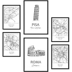 Nacnic komplekts ar 6 Itālijas izdrukām. Karšu un pieminekļu plakāti melnbalti jūsu mājām, veikalam, birojam, ziemeļu stila interjeram, A4 un A3 formātā. Neierāmēts.