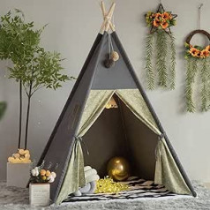 TreeBud Teepee telts bērniem ar polsterētu paklājiņu, salokāmas tumšo toņu rotaļu teltis meitenēm un zēniem ar somiņu, Canvas Teepee rotaļu namiņš bērniem iekštelpās un ārā