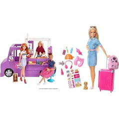 Barbie GMW07 pārtikas kravas automašīnas rotaļu komplekts ar vairāk nekā 30 piederumiem, meiteņu rotaļlietu no 3 gadiem un ceļojumu lelli FWV25 (blondā) un aksesuāriem