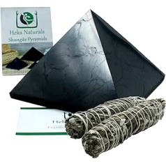 Heka Naturals pulēta šungīta piramīda un salvijas nūju komplekts | Viena 10 cm melnā šungīta kristāla piramīda un divi baltās salvijas kociņi — rakstāmgalda, mājas vai biroja dekorēšanai, vīraka kociņi
