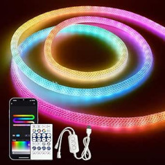 RGBIC neona LED sloksnes virve 5 m, Bluetooth USB neona LED sloksne 5 m LED gaismas caurule āra LED gaismas sloksne IP65 ūdensizturīga, 50 LED/M, vadāma lietotnē, apaļa virve LED sloksne ārā guļamistabas dekorēšanai