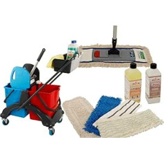 Mop Complete Set 10 Pieces with Wiper Set 40 cm and Double Trolley Cleaning Trolley 17 Litres Plastic and Replacement Furs and 2 x Professional Cleaning Agents Axis Line