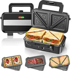 Cumeod Sandwichmaker 3 IN 1, 1200W & 5-Gang-Temperaturregelung Waffeleisen, Sandwichtoaster, Kontaktgrill mit 3 Antihaftplatten für Sandwich, Waffeln, Fleisch, LED-Leuchten, Cool-Touch-Griff