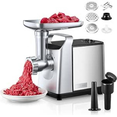 CompactPower Electric Meat Grinder Attachment, 1500 W Blocking Power, 450 W, 3 Stainless Steel Hole Discs (3, 5, 7 mm), Pluger, Kebbe Attachment, Storage Box for Accessories