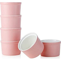 240 ml Porcelain Soufflé Moulds, Henten Home Set of 6 Casserole Dishes for Baking, Pudding, Crème Brulee, Pudding Cups, Dip for Serving, Oven, Microwave and Dishwasher Safe (240 ml, Matt Pink)