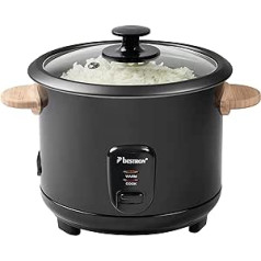 Bestron Rice Cooker with Wooden Handles, for 8-10 People, Includes Measuring Cup & Rice Spoon, with Keep Warming Function, 1.8 Litre Capacity, 700 Watt, Colour: Black