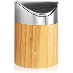 COM-FOUR® Waste Bin with Swing Lid, Bamboo Table Bin with Stainless Steel Lid, Compact Cosmetic Bin for Bathroom, Kitchen Waste Bin (Light Brown - Bamboo)