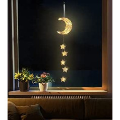 Lewondr Indoor Fairy Lights, Rattan Moon Stars Fairy Lights, Dekoratīvā gaisma ar taimera funkciju, Dekoratīvais pakaramais, Ar baterijām darbināmas LED gaismas bērnu istabai, Guļamistabai, Svinību dekorēšana, Balts