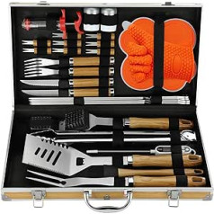 N NOBLE FAMILY Premium Barbecue Accessory Set with Bamboo Grain Smooth Handle - 30 Pieces Stainless Steel Grill Set with Bamboo Grain Case - Unique Barbecue Cutlery in Case Gift for Men Women