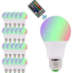 Chaozan® RGB+W LED lampas, 3W E27 LED krāsaina gaisma ar RGB LED spuldzi, regulējama ar tālvadības pulti, krāsu maiņas LED spuldzes ar 16 krāsām - 20 gab.