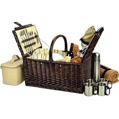 Picnic at Ascot Buckingham Willow Picnic Hamper with Service for 4 with Blanket and Coffee Service - Blue Stripe 4 Person Brown Willow Hamptons Plates/Napkins