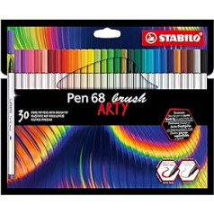 Premium Fibre-Tip Pen with Brush Tip - STABILO Pen 68 brush ARTY - Pack of 30 - Assorted Colours