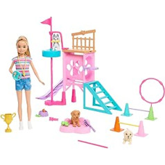 BARBIE and Younger Sister Stacie - Playset with Puppy Obstacle Course with Rotating Tower, Ladder, Slide and Storytelling Accessories, for Children from 3 Years, HRM10