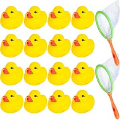 18-piece bath toy set contains 16 yellow rubber ducks, mini duck bath toy with 2 fishing nets, swimming pool toy for party bags, summer water, funny games, Valentine's Day