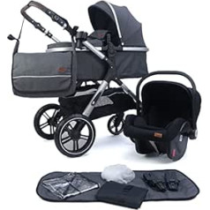 Pixini Nelio 3-in-1 kombinētie bērnu ratiņi ar kulbiņu, bagiju un automašīnas sēdekli un maiņas somu/glāžu turētāju/lietus pārsegu/adapteri (sudrabs/pelēks 12 collas)