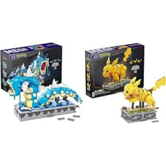 Mega HGC24 — Pokémon Garados celtniecības komplekts ar 2186 daļām, pilnībā mehanizēta un pārvietojama celtniecības rotaļlieta ar displeja statīvu un Construx HGC23 — Pokémon Motion Pikachu, pārvietojams celtniecības komplekts