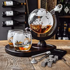 MikaMax - Globe Decanter Deluxe komplekts - Globe Decanter - Viskija karafe - Ietver 2 viskija globusa glāzes - 900ml - Caurspīdīgs - Stikla karafes komplekts