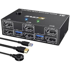 8K Displayport KVM Switch 2 PC 2 Monitors 8K @ 30Hz 4K @ 144Hz, MLEEDA Dual Monitor KVM Switch ar 4 USB 3.0 portu 2 PC koplietošanas peles tastatūra, kabeļa tālvadības pults un kabelis iekļauts