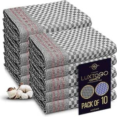 LUXTOGO — dvieļu komplekts, 100% kokvilnas riņķī vērpti virtuves dvieļi — (10) īpaši biezi 215 g/m² tējas dvieļi — 50 x 70 cm virtuves dvieļi virtuvei, restorānam, stikls (ar rūtiņu pelēks)