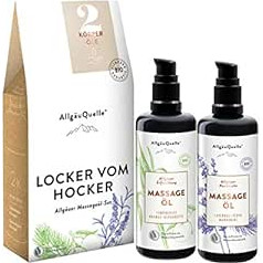 Allgäuquelle Naturprodukte AllgäuQuelle® organiskās masāžas eļļas komplekts no izkārnījumiem, dāvanu komplekts ar 2 x 100 ml dabīgu organisko masāžas eļļu, kas baro visu ķermeni ar sezama, jojobas, avokado un šī + dabīgām ēteriskajā