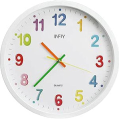 Infiy Children's Wall Clock without Ticking Noises Children's Room Wall Clocks Silent Colourful Numbers 30 cm Quartz Silent Room Boys Girls Learning Clock School 12 Inch White