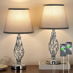 Kakanuo Bedside Lamp Touch Dimmable Set of 2, Table Lamp with USB A+ Type C Connections, 2 Dimmable LED Bulbs, Grey Lampshade Metal Base, Bedside Lamps for Bedroom, Living Room, Office, Hotel