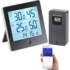 rūpnīcas termometrs, Bluetooth: termo/higrometra datu reģistrētājs ar āra sensoru, Bluetooth un lietotne (Datagger, Weather Station App, iPhone Waterproof)