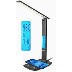 Blaupunkt LED galda lampa ar bezvadu lādētāju - USB uzlādes ports - aptumšojama galda lampa 5 krāsu režīmi - regulējama rokturis - birojs - lasīšanas gaisma - LCD displejs pulksteņa termometrs - kalendārs - melns