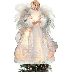 32 cm eņģelis Ziemassvētku eglītes virsbūve, Ziemassvētku eņģeļu eņģeļu topa Ziemassvētku eglīšu galotnes, auduma Ziemassvētku rotājumi Light Up Angel, Ziemassvētku eglītes eņģelis Mežģīņu topa (sudrabs)