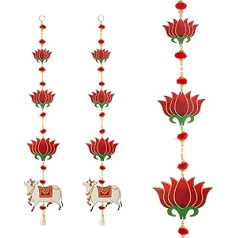 Set of 2 Wooden Cow with Red Lotus String Wall Hanging Decoration for Home Door Wall Temple for Indian Wedding Festival Decorations Home Door Wall Decor Festivals (Size: 28 Inches / 2.25 Feet's)