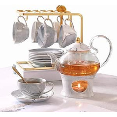 Duejust Adult Small Tea Set, Marble Texture and Golden Trim, Hand Grey Porcelain Tea Party Set for Kids, 1 Glass Teapot (650ml), 6 Cups (120ml), 6 Saucers, 1 Shelf & 1 Warmer