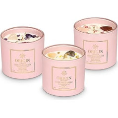 ORIGIN OF EARTH Scented Candles in Glass (Set of 3) 360 g, Collection Love Candle with Crystals and Gemstone, Natural Soy Wax Candle, 60 Hours Burning Time, with Sweet Fresh Fragrances