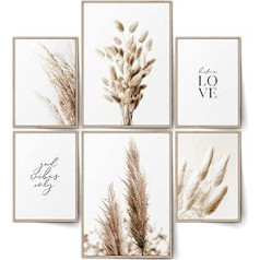 BLCKART Infinity Beige Love Picture Set Pampas Grass Plakāts Natural Grass Stilīgs abpusējs dekors Boho (L, 2 x A3, 4 x A4, bez rāmjiem, smilškrāsas pampas zāle)