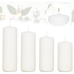 Candelo 4 sveču komplekts Christmas Ambience Pillar Sveces – baltas – 12/14/16/18 cm – Ziemassvētku sveces Adventes vainagam – Sveces Ziemassvētku noformējums