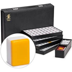 Yellow Mountain Imports Japanese Riichi Mahjong Set - White and Yellow Standard Size Brick and Black Vinyl Case - with East Wind Brick, Set with Bet Sticks & Dice