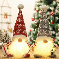 Luminous Christmas Gnome Decorations, 2 Pack Red and Grey Christmas Gonk Gnomes, Handmade Swedish Santa Doll Lights, Christmas Tree, Hanging Home Decoration