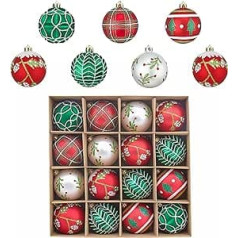 Valery Madelyn Pack of 16 8 cm Unbreakable Christmas Baubles, Red Green White Christmas Bauble Ornaments for Christmas Tree Decorations, Plastic Christmas Bauble as Christmas Tree Decorations