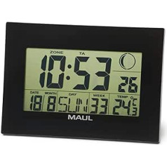 Maul MAULflow Digital Wall Clock with Temperature, Time and Date Display, Ideal as Alarm Clock and Calendar, Digital Alarm Clock with Snooze Function, Large Numbers for Overview, Black