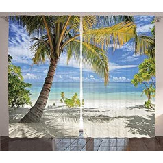 ABAKUHAUS Tropical Rustic aizkars, Palm Tree Coast, viesistabas universālie lentes aizkari ar cilpām un āķiem, 280 x 175 cm, kokosriekstu zils