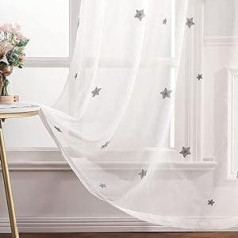 Miulee Sheer Curtain Voile, Zvaigžņu izšūšanas aizkari ar cilpām, caurspīdīgs aizkars, 2 gabali, cilpveida aizkars, logu aizkars bērnu guļamistabai, viesistaba, guļamistaba