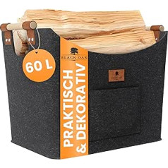 BLACK OAK Montana XL 60L Felt Basket & Wood Basket for Firewood - Leather Application + Non-Slip Handles + Front Pocket Extra Large - Felt Bag Basket for Wood Foldable Transport & Storage Dark Grey