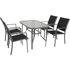 DEGAMO Pino Garden Set 5 Pieces 4x Stacking Chairs with Steel Frame and Synthetic Fabric Cover 2 x 1 Black 1x Table 70 x 120 cm with Steel Frame and Glass Top