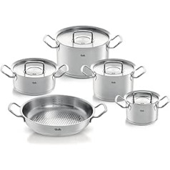 Fissler Original Profi Collection Stainless Steel Saucepan Set, 5 Pieces, Pots with Metal Lids (3 Cooking Pots, 1 Stewing Pan, 1 Serving Pan) - Induction