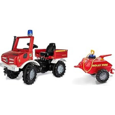 Rolly Toys Unimog ugunsdzēsēju brigādes pedāļu automašīna (ar piekabi no 3 gadiem, ugunsdzēsēju mašīna braukšanai ar Whisper-Quiet riepām, pārnesumiem, rokas bremzi, pedāļu transportlīdzekli no 3, bērnu transportlīdzeklis) 038275