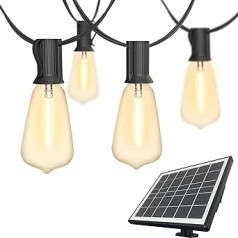 SUNTHIN 97 pēdu (30 m) saules LED pasaku gaismas ar 49 (1 maiņa) 1 W ST38 neplīstoša plastmasas spuldze, IP45 ūdensizturīga, uzlādējama ar USB, 4 gaismas režīmi pagalmā, dārzā, ārā, kāzās, ballītēs