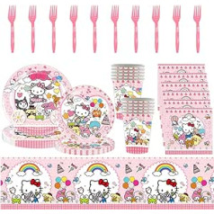 IFHDO Hello Kitty dzimšanas dienas galda piederumu komplekts Bērnu dzimšanas dienas tematiskais galda trauks dzimšanas dienas dekorēšanai svinību trauki ar šķīvjiem Salvetes galdauts bērniem dzimšanas dienas svinībās 61 gab.